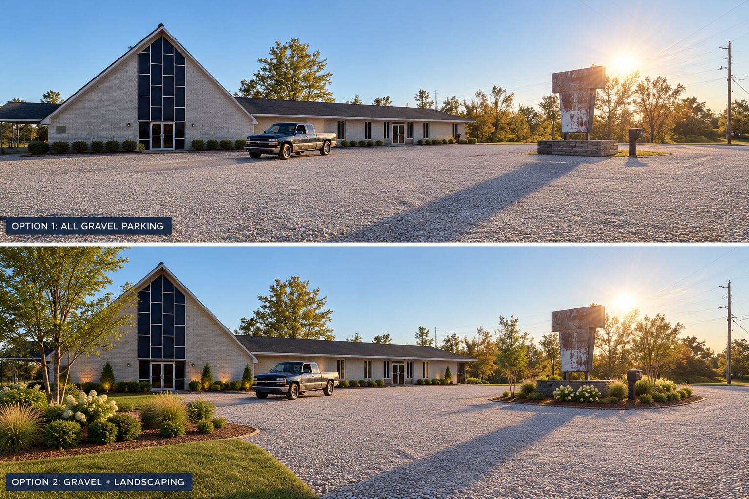 Option 1: all gravel parking · Option 2: gravel + landscaping (beds by the building and around the sign)