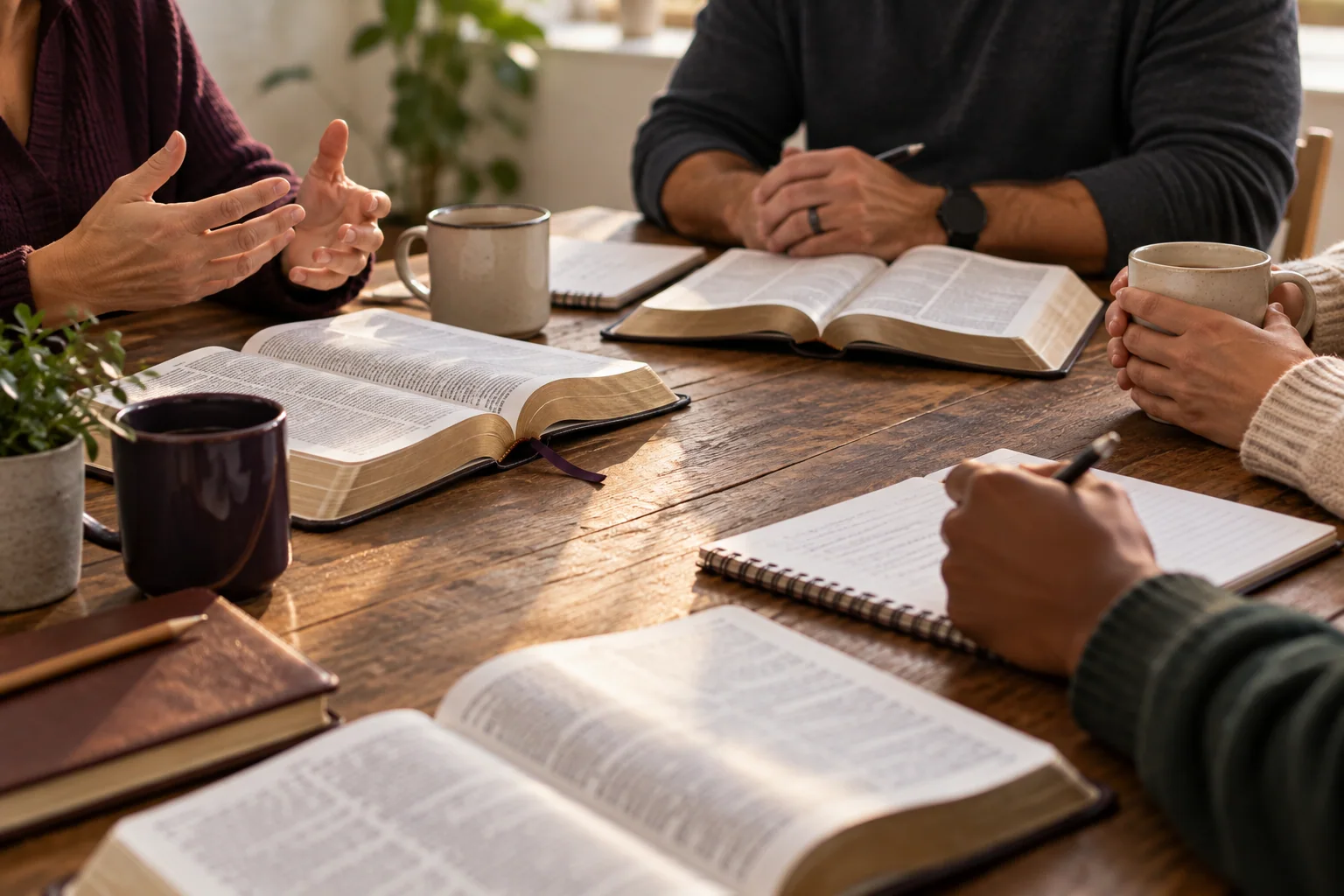 People studying open Bibles around a table