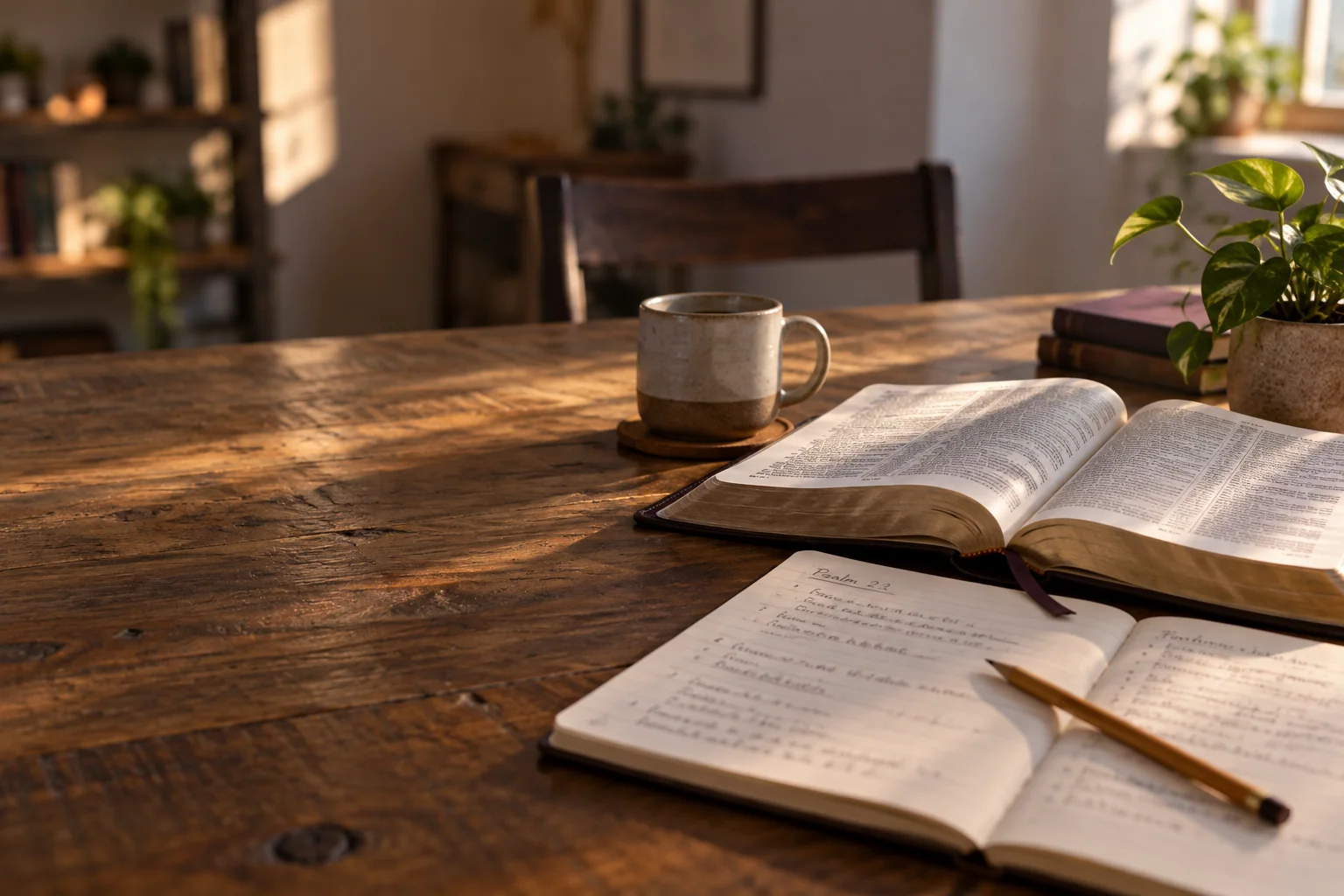 Open Bible and study notes on a table