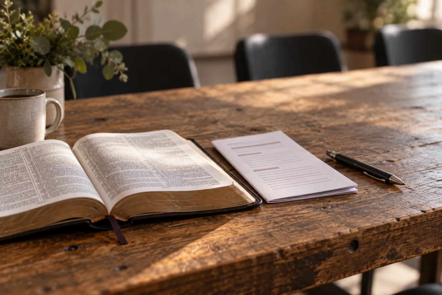 An open Bible and sermon handout on a table
